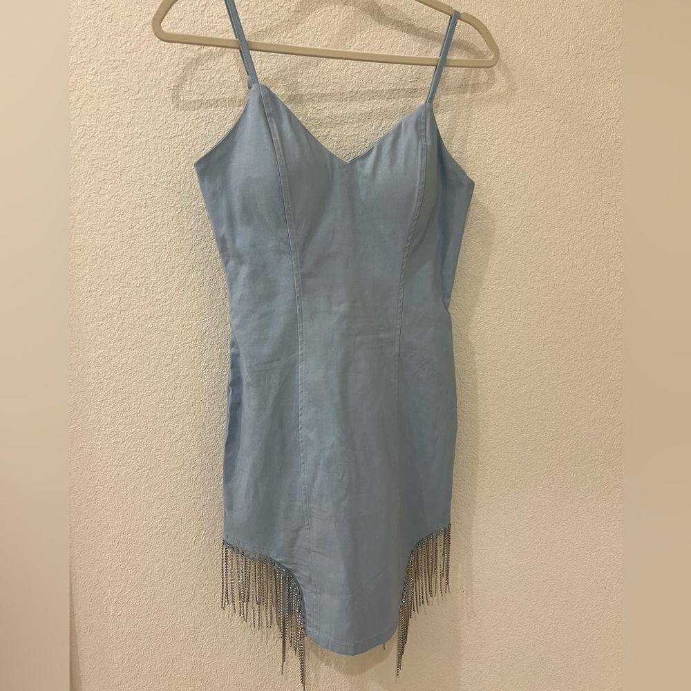 Blue Mini Dress with Rhinestone Fringe